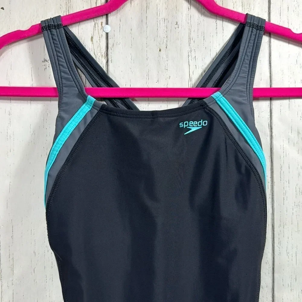 Speedo Womens Black Aqua Racerback Hydro Bra One Piece Swimsuit